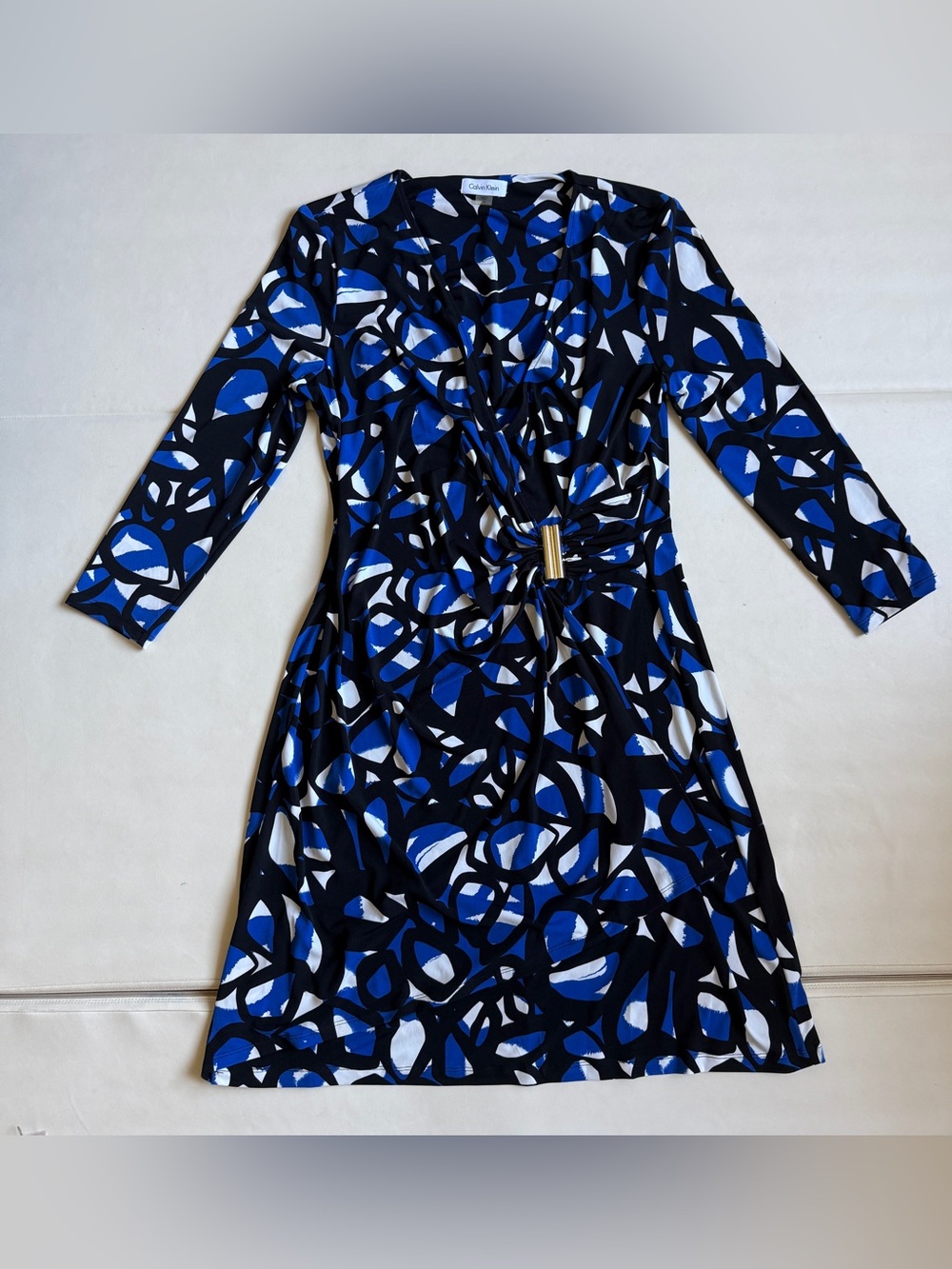 Calvin Klein Blue Black Abstract Print Wrap Dress Size 14 Formal officewear dre